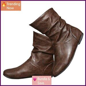 Leather Slouchy Flat Ankle Boots Comfortable Pull On Booties Low Heel